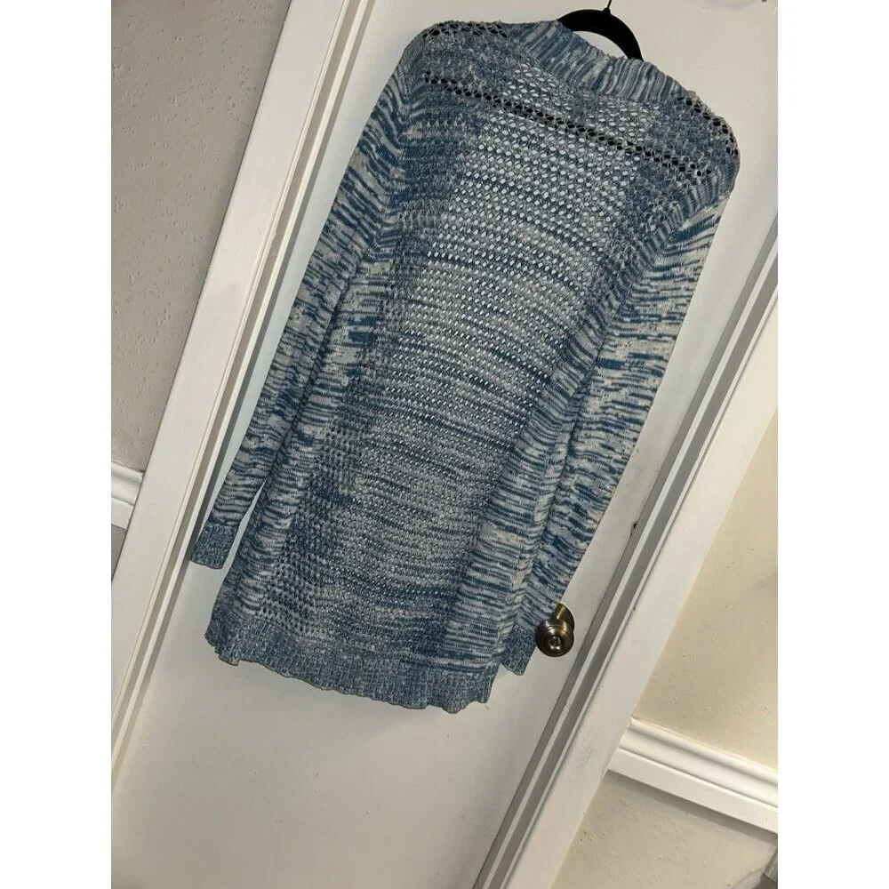 Chicos Blue White Abstract Print Open Knit Long Sleeve Casual Cardigan Size 2